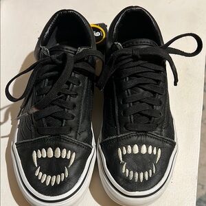 Vans Old Skool Black Leather White Fang Sneakers  spider web footbed